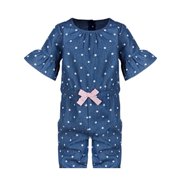 First Impression Chambray Blue Polka Dot Ruffle Sleeve Jumpsuit Size 18M - Picture 1 of 7